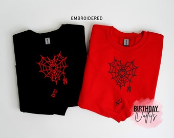 Moletons combinando para o Dia dos Namorados com bordado de teia de aranha e coração, moletons para casais, os melhores presentes para o Dia dos Namorados.