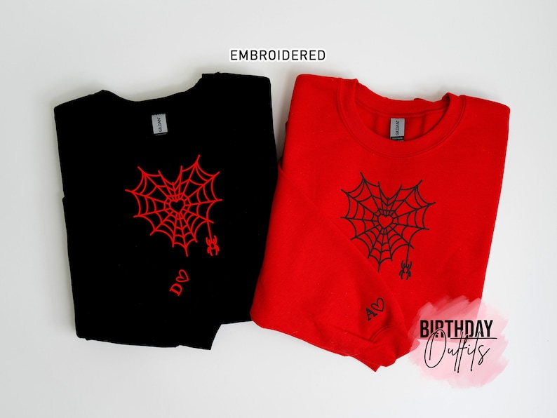 Spider Web Heart Matching Valentine's Day Embroidered Sweatshirts, Couple matching sweatshirts, Best Valentine's Gifts image 1