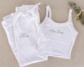 Custom Embroidered Bridal Pajama  Set — Personalized Spaghetti Strap Tank Top & Jogger Sweatpants