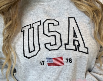 Embroidered USA Varsity Crewneck Sweatshirt, Patriotic 4th of July
