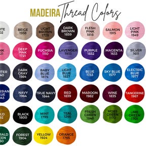 May include: A color chart of Madeira thread colors with the corresponding numbers for each color. The colors are arranged in rows and columns, with the names of the colors listed above each color swatch.