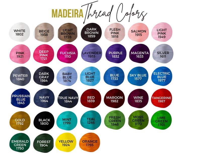May include: A color chart of Madeira thread colors with the corresponding numbers for each color. The colors are arranged in rows and columns, with the names of the colors listed above each color swatch.