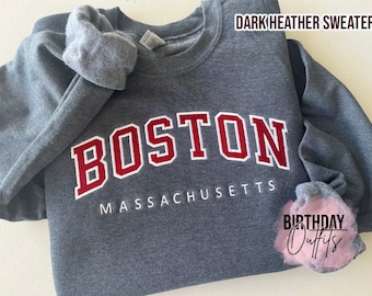 Boston Massachusetts Embroidered Varsity Crewneck, Embroidery Crewneck, Embroidered Sweatshirt, university sweaters, personalized sweatshirt