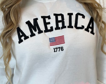 Embroidered America Varsity Sweatshirt, USA Flag, 4th of July