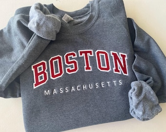 Boston Massachusetts Embroidered Varsity Crewneck, Embroidery Crewneck, Embroidered Sweatshirt, university sweaters, personalized sweatshirt