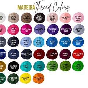 May include: A color chart of Madeira thread colors with the corresponding numbers for each color. The colors are arranged in rows and columns, with the names of the colors listed above each color swatch.