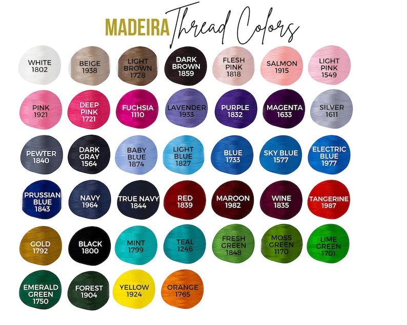 May include: A color chart of Madeira thread colors with the corresponding numbers for each color. The colors are arranged in rows and columns, with the names of the colors listed above each color swatch.
