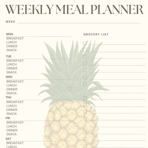 Wekelijkse maaltijdplanner & boodschappenlijstje ananas - afdrukbaar