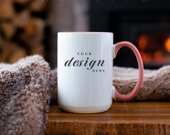 Cozy Pink Handle Mug Mockup 15 oz | Pink Mug Mockup | Mug Mock Up | Cozy Mug Mockup | Rustic Mug Mockup | Coffee Cup Mug Mockup | JPG