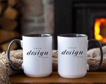 Cozy 15 oz Mug Mockup | Two Mugs Mockup | Black Accent Mug Mockup | Front Back Mug Mockup | Mug Mock Up | Rustic Mug Mockup | JPG