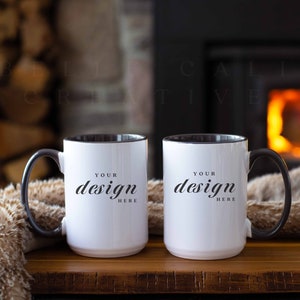 Cozy 15 oz Mug Mockup | Two Mugs Mockup | Black Accent Mug Mockup | Front Back Mug Mockup | Mug Mock Up | Rustic Mug Mockup | JPG