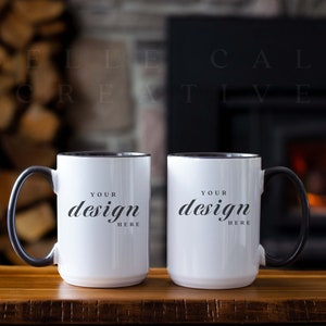 Cozy 15 oz Mug Mockup | Two Mugs Mockup | Black Accent Mug Mockup | Mug Mock Up | Cozy Mug Mockup | Rustic Mug Mockup | JPG
