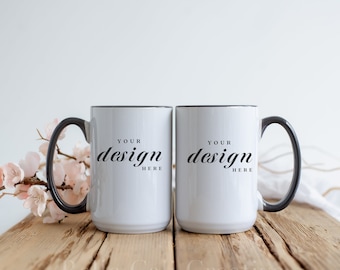 15 oz Black Mug Mockup | Two Mugs Mockup | Front Back Mug Mockup | Spring Mug Mockup | Mug Mockup | Coffee Mug Mockup | JPG Digital Download