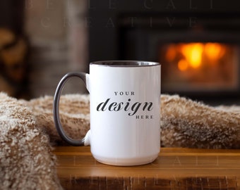 Cozy Black Handle Mug Mockup 15 oz | Mug Mock Up | Cozy Mug Mockup | Rustic Mug Mockup | Coffee Cup Mug Mockup | Black Mug Mockup | JPG