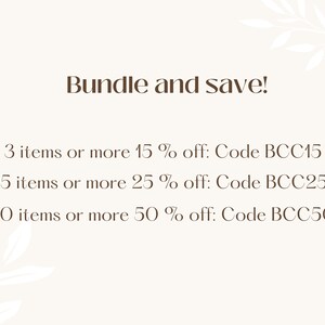 May include: Text graphic with a brown background and white text that reads "Bundle and save!" followed by three lines of text with discount codes for purchasing three, five, or ten items. The discount codes are BCC15, BCC25, and BCC50.