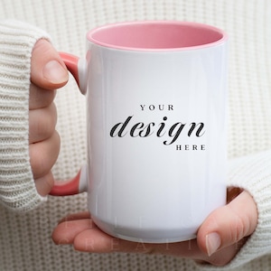 Pink Mug Mockup | 15 oz Mug Mockup | Cozy Mug Mockup | Model Mug Mockup | Spring Mug Mockup | Woman Holding Mug Mockup | JPEG