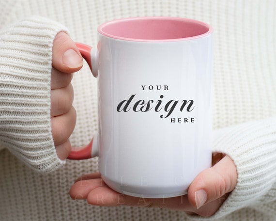 Pink Mug Mockup | 15 oz Mug Mockup | Cozy Mug Mockup | Model Mug Mockup | Spring Mug Mockup | Woman Holding Mug Mockup | JPEG