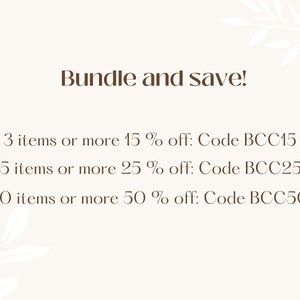 May include: Text graphic with a brown background and white text that reads "Bundle and save!" followed by three lines of text with discount codes for purchasing three, five, or ten items. The discount codes are BCC15, BCC25, and BCC50.