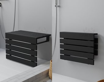 20''-50cm Large Teak Wood Wall-Mounted Folding Black Shower Seat, Handmade Safe Murphy Bath Stool