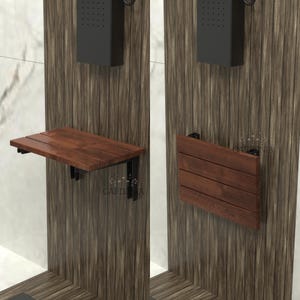 May include: A brown wooden folding wall-mounted shelf with black metal brackets. The shelf is mounted on a wood-paneled wall.