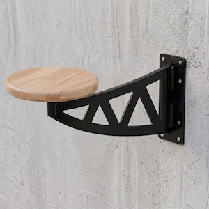 Folding Wall-Mounted Wooden Swivel Bar Stool, 360 Rotating Space-Saving Seat, Floating Counter Height Stool