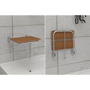 May include: A brown wooden shower seat with a silver metal frame. The seat is mounted to the wall and can be folded up when not in use.