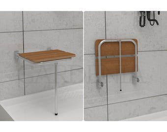 Folding Wall-Mounted Natural Wood and Stainless Steel Stool, Foldable Shower Seat, Murphy Bench