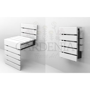 May include: White wooden folding wall-mounted bench with black metal hinges. The bench is folded against the wall and unfolded to show the seat and back.