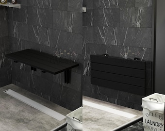 20''-50 cm wandgemonteerde opklapbare teakhouten ruimtebesparende zwarte douchestoel. Duurzame bank voor ouderen en gehandicapten