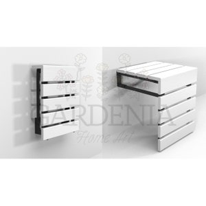 May include: White wooden folding wall-mounted shelf with black metal hinges. The shelf is shown in both the folded and unfolded positions.