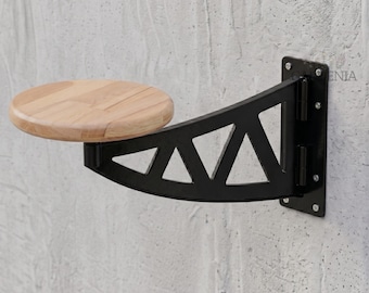 Folding Wall-Mounted Wooden Swivel Bar Stool, 360 Rotating Space-Saving Seat, Floating Counter Height Stool