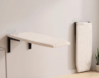 Wall-Mount Handmade Beige Fold-Down Ironing Board, Safe Lock Mechanism, Sturdy Metal Bracket