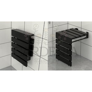 May include: A black wooden folding shower seat with a metal frame. The seat is mounted to the wall and can be folded up when not in use.