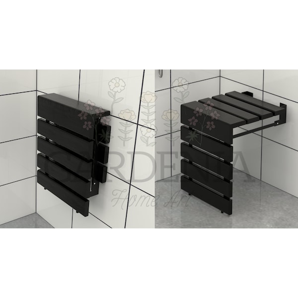 Wall Mounted Natural Teak Wood Folding Black Shower Seat, Space Saving Bathroom Chair, Wooden Bathroom Seat, Wall Mount Foldable Stool
