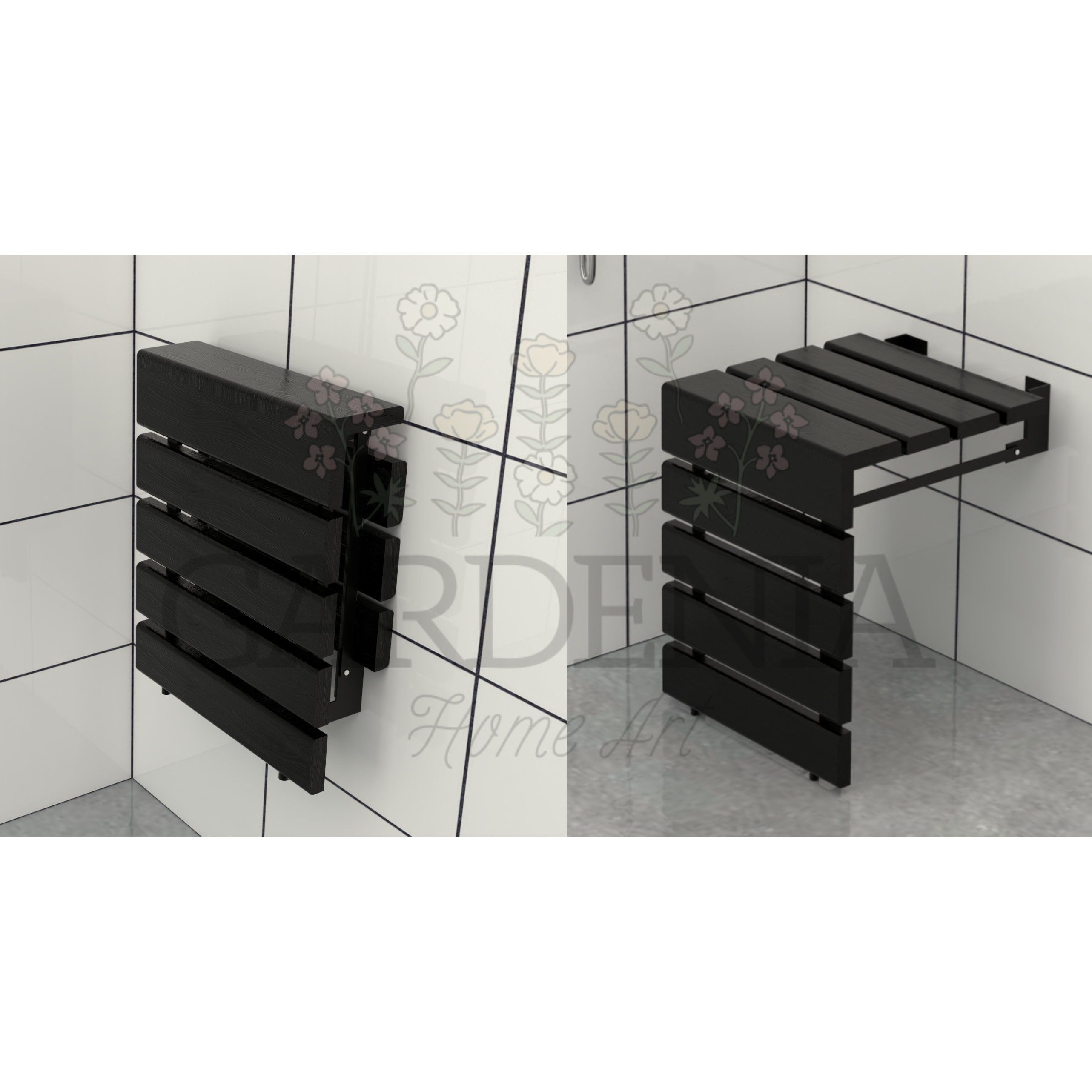 Wall-Mounted Natural Teak Wood Folding Black Shower Seat, Space-Saving Bathroom Chair, Wall-Mount Foldable Stool
