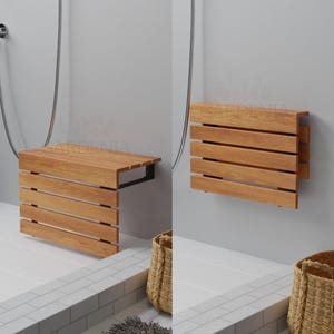 Könnte beinhalten: Ein klappbarer Duschhocker aus Holz mit einem schwarzen Metallrahmen. Der Hocker ist an einer weißen gekachelten Wand montiert. Der Hocker ist im rechten Bild zusammengeklappt und im linken Bild ausgeklappt.