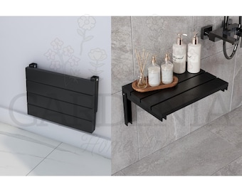 Black Natural Solid Teak Wood Wall-Mounted Folding Shower Seat, Inside Shower  Murphy Bench