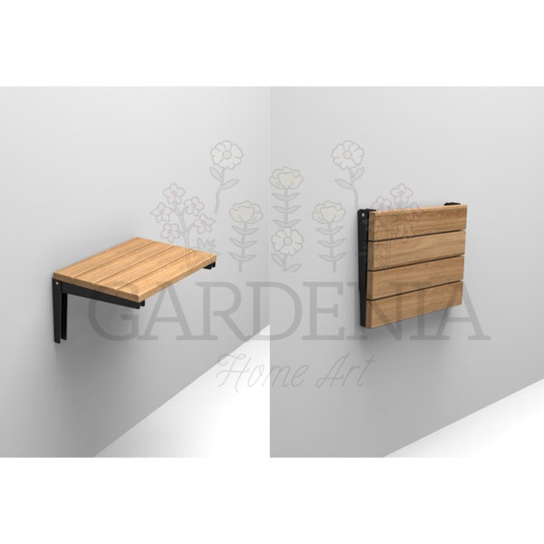 Teak Wood Wall Mounted Folding Shower Bench, Shower Foldable Murphy Stool, Handmade Water Resistant Seat, Space Saving Bathroom Chair