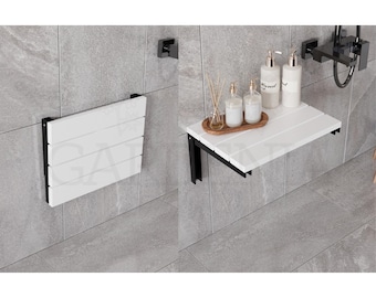 White Foldable Wall-Mounted Shower Bench, Folding Natural Teak Wood Bathroom Seat