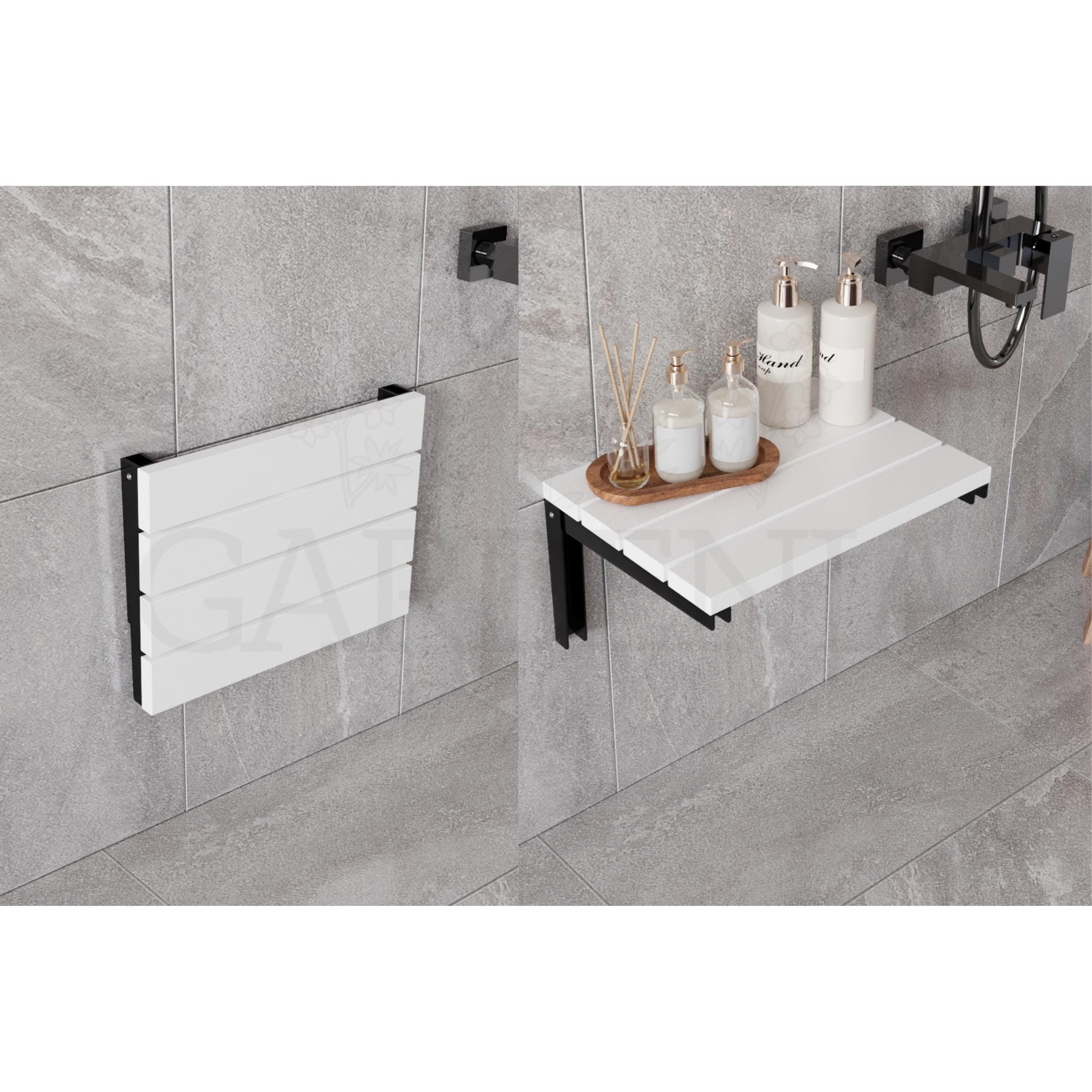 UrEscort Folding Shower Seat Wall Mounted - Foldable Shower Bench For Seniors, Bathroom Safety Stool With Grab Bar, White