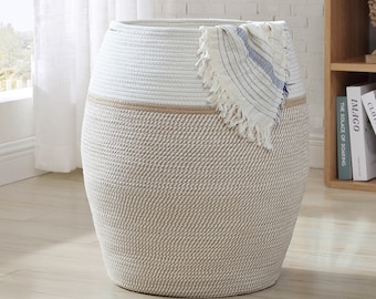XL Extra Large Woven Cotton Rope Tall 25" Height Laundry Hamper Basket with Handles - 20 x 25, White/Brown