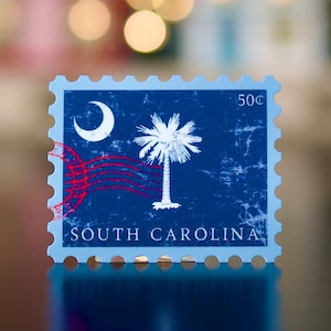 South Carolina State Flag Vinyl Sticker | SC Vintage Postage Stamp | Laptop Waterbottle Waterproof Sticker | Glossy Vinyl Travel Sticker
