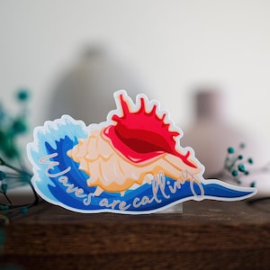 Waves are calling Vinyl Sticker | Conch Shell Waves Sticker | Laptop Ipad Waterbottle Waterproof Decal Sticker | Glossy Vinyl Travel Sticker