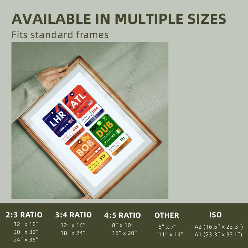 May include: A framed print featuring colorful travel-themed designs resembling luggage tags. The tags display airport codes like LHR, ATL, DUB, and BOB, with country flags and the text "ARRIVALS." The print is available in multiple sizes, including 12" x 18" and 20" x 30".