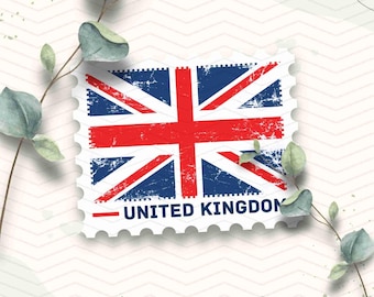 UK Flag Travel Stamp Vinyl Sticker | United Kingdom Great Britain Flag Stamp Sticker | Laptop Ipad Waterbottle Glossy Waterproof Decal