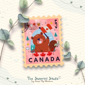 Canada Travel Stamp Vinyl Sticker | Cute Beaver holding Canada Flag Stamp Sticker | Laptop Ipad Waterbottle Glossy Waterproof Decal