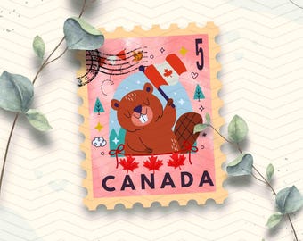 Canada Travel Stamp Vinyl Sticker | Cute Beaver holding Canada Flag Stamp Sticker | Laptop Ipad Waterbottle Glossy Waterproof Decal