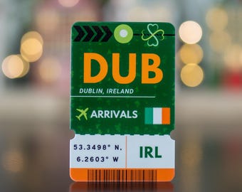 Dublin DUB Airport Luggage Tag Sticker | Boarding Pass Travel Sticker | Laptop Ipad Waterbottle Waterproof Laminated Glossy Vinyl Sticker