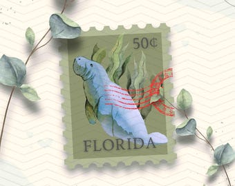 Florida Manatee Vinyl Sticker | Florida State Stamp Sticker | Laptop Ipad Waterbottle Waterproof Decal Sticker | Glossy Vinyl Travel Sticker