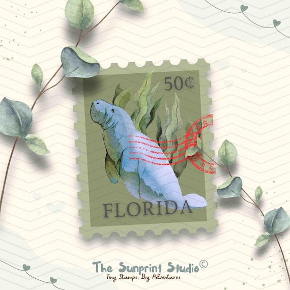 Florida Manatee Vinyl Sticker | Florida State Stamp Sticker | Laptop Ipad Waterbottle Waterproof Decal Sticker | Glossy Vinyl Travel Sticker